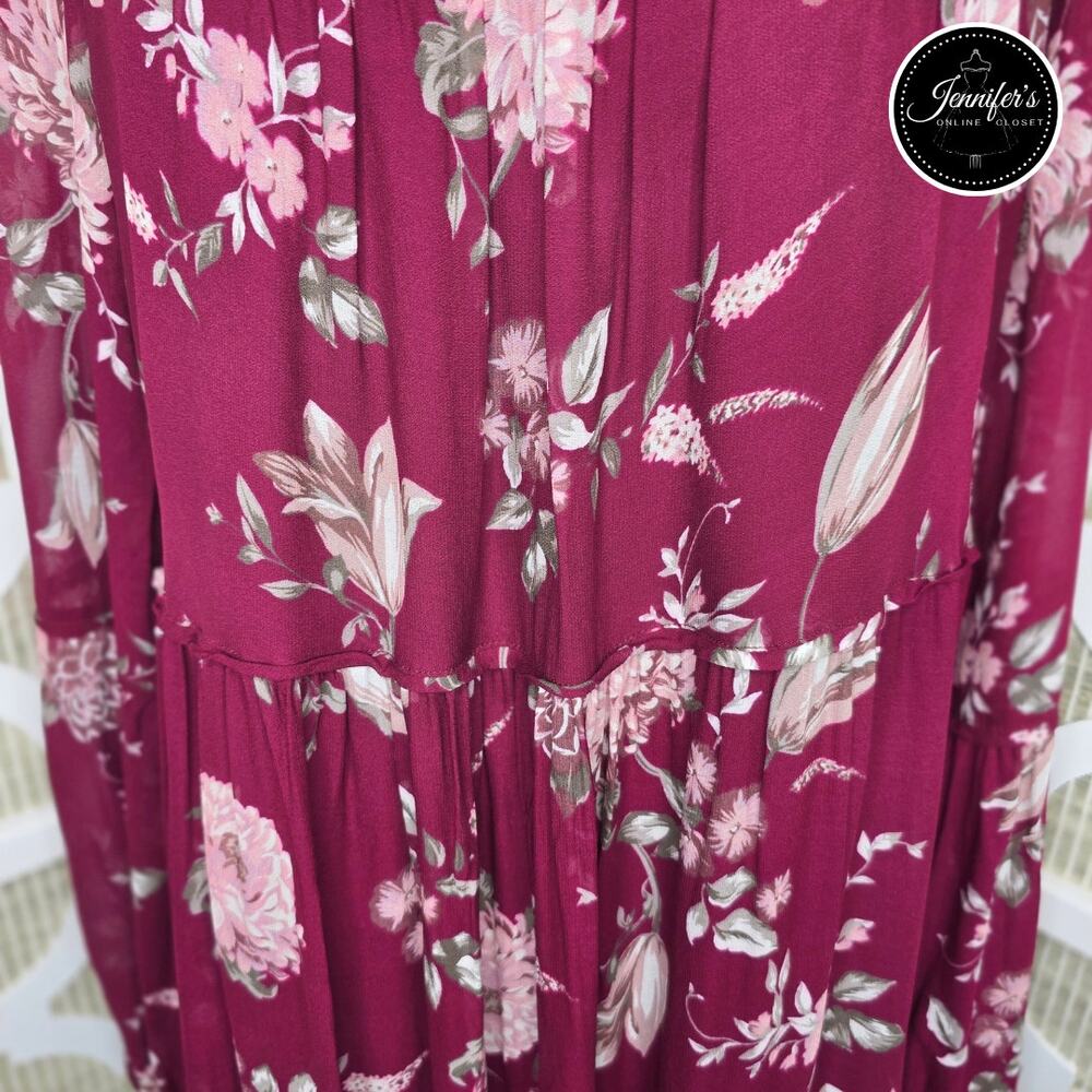 Anthropologie Evelin Maroon/Wine Floral Long Sleeve Chiffon Maxi Dress Size XL - Picture 5 of 16